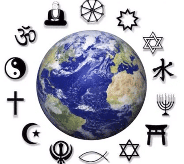 Globe with the symbols of different religions all around it
