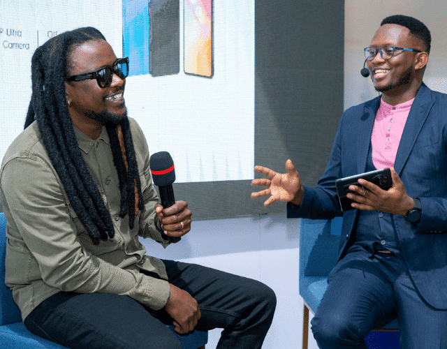 MC of the day, Martin Githinji and CAMON 20 series Brand Ambassador, Nyashinski share a light moment during the event held at the Social House on 9th May 2023