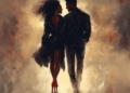 Artistic rendition of heterosexual black couple walking into the night